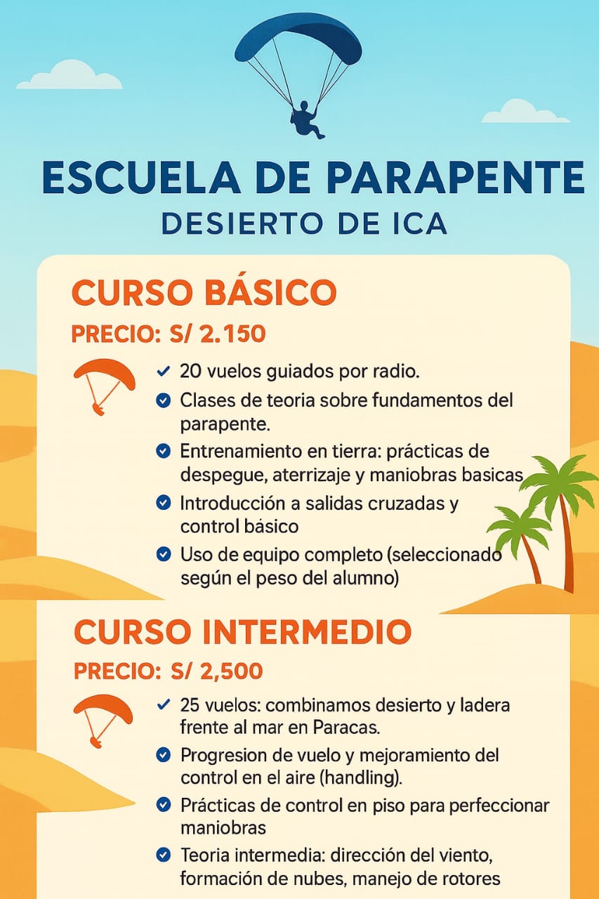 Informacion de la escuela de parapente desierto de Ica